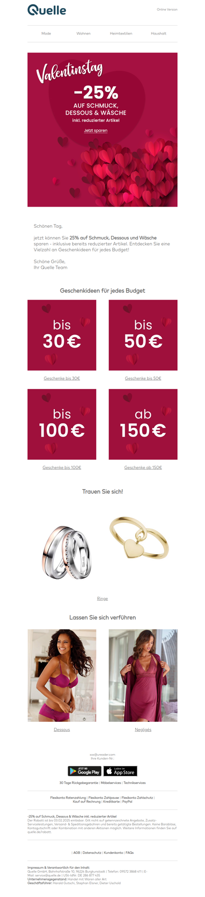 Bald ist Valentinstag! -25% auf Schmuck, Dessous & Wäsche inkl. reduzierter Artikel -  Jetzt sparen!