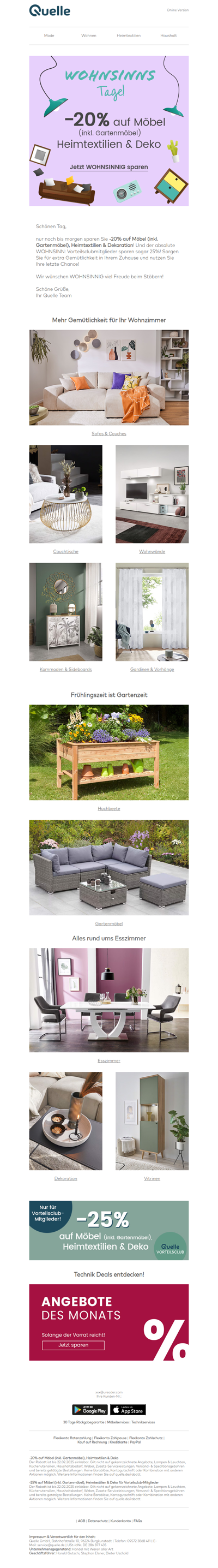 Der helle WOHNSINN: -20% auf Möbel (inkl. Gartenmöbel), Heimtextilien & Dekoration!