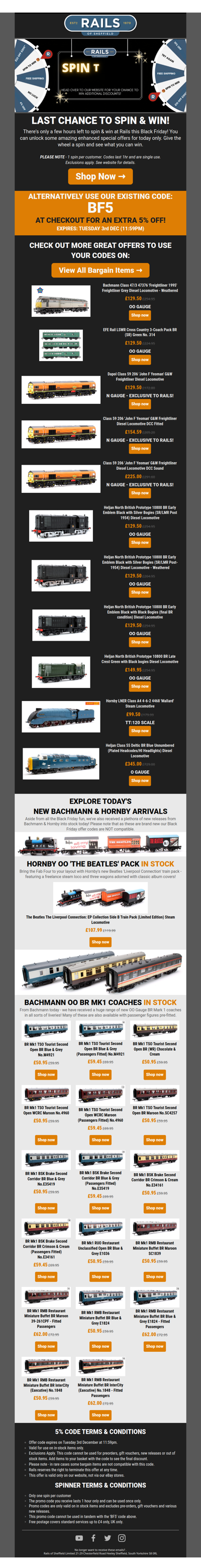 🚂 NEW Bachmann & Hornby In Stock + LAST CHANCE to Spin & Win! 🖤