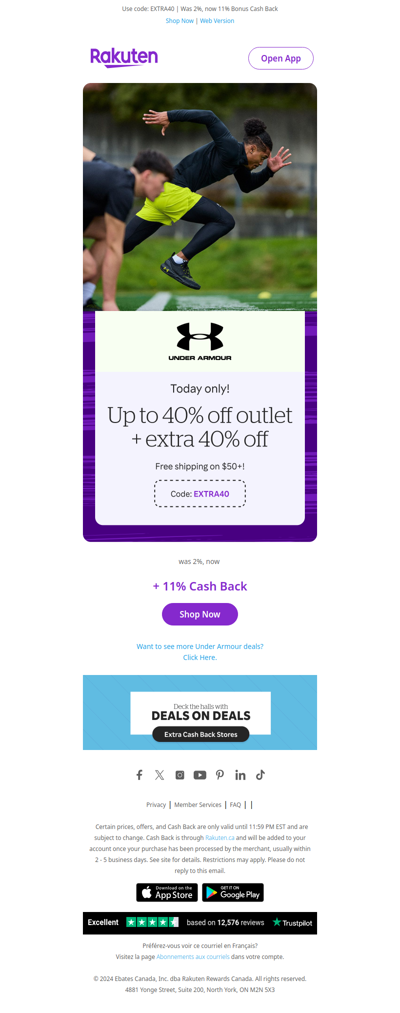 Today only. Up to 40% off at Under Armour plus 11% Cash Back