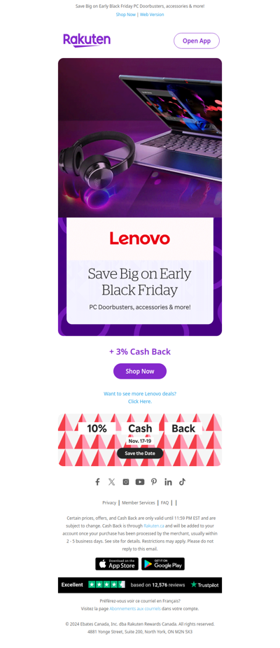 Get early Black Friday deals at Lenovo plus 3% Cash Back