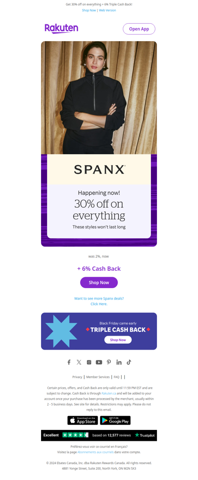 Enjoy 30% off on everything at Spanx plus 3X Cash Back