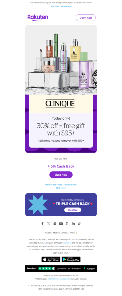 Today only at Clinique. Enjoy 30% off plus 3X Cash Back