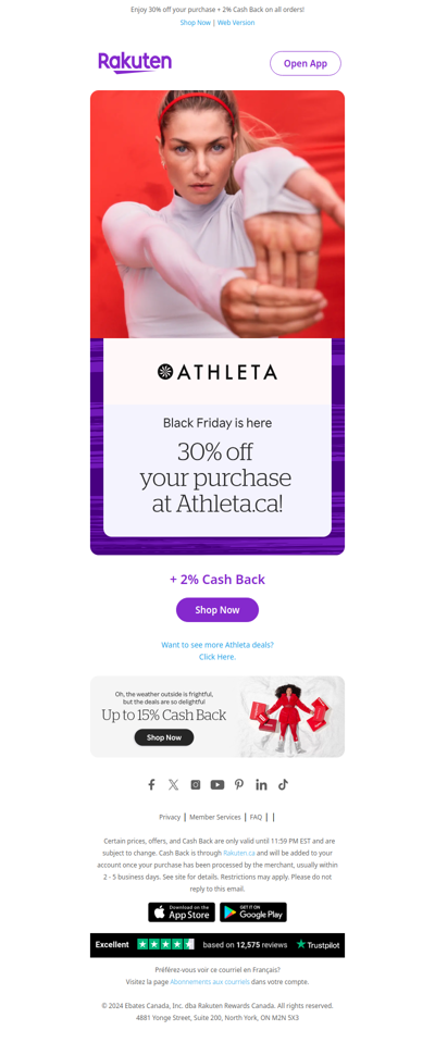 Black Friday is here at Athleta. Get 30% off plus 2% Cash Back