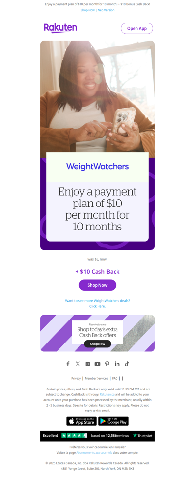 Kick off the new year with WeightWatchers for $10 per month plus $10 Cash Back