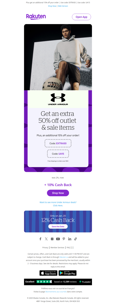 Get an extra 50% off outlet and sale items at Under Armour plus 5X Cash Back