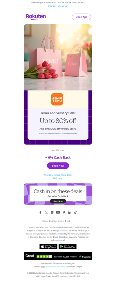 Get up to 80% off at TEMU plus 3X Cash Back