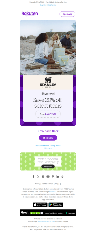 Get 20% off select items at Stanley plus 5% Cash Back