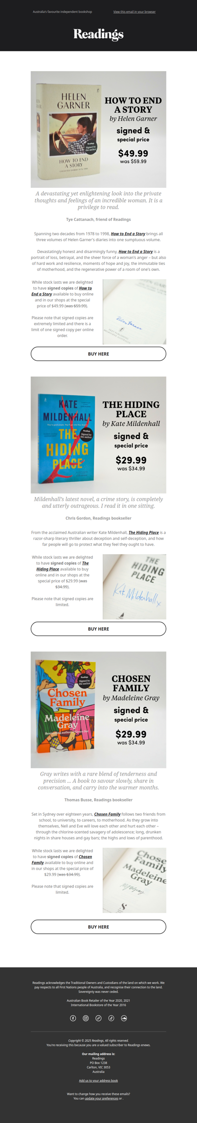 Signed books from Helen Garner, Kate Mildenhall & Madeleine Gray