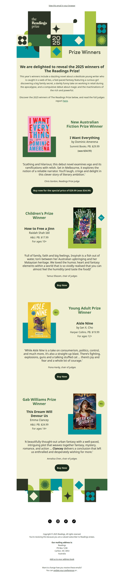 Announcing the 2025 winners of The Readings Prize