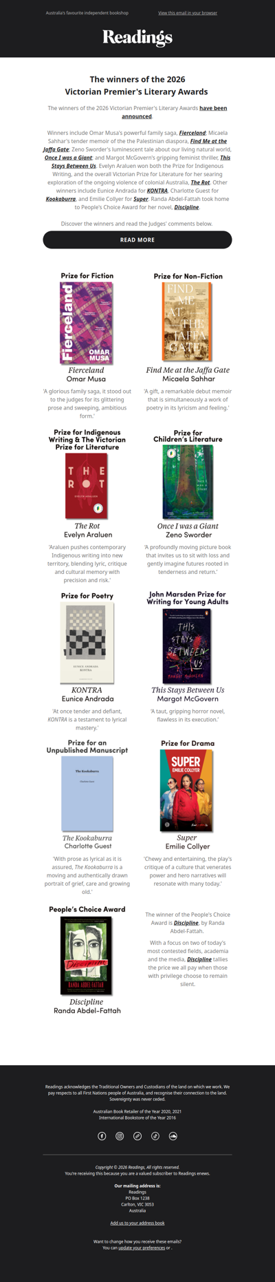 The winners of the 2026 Victorian Premier's Literary Awards