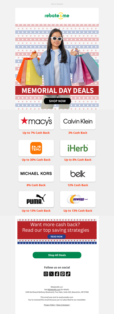 Last day for Memorial Day cash back!