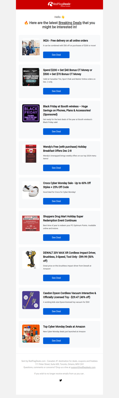 IKEA Free Delivery for Cyber Monday, Bonus CT Money Offers at Canadian Tire, New Wendy's App Deals, Crocs Cyber Monday Deals + More