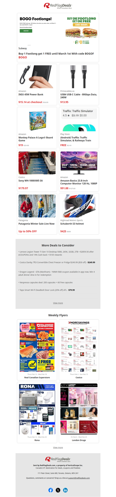 BOGO Footlongs at Subway, Free games from Play Store, a deal on Monkey Palace Lego Board Game, + more offers.