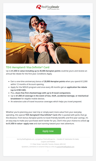 TD® Aeroplan® Visa Infinite* Card Up to $1,450 in Value