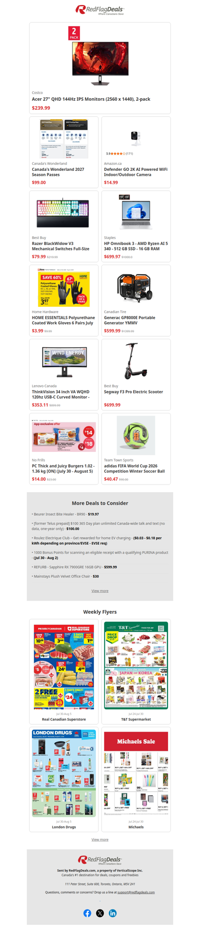 Acer 2pk Monitors $240, Razer Gaming Keyboard $80, 6 Pairs Work Gloves $4 + more