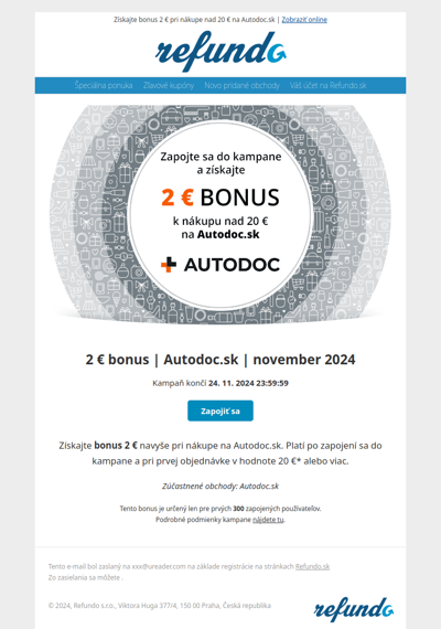 Získajte bonus 2 € pri nákupe nad 20 € na Autodoc.sk