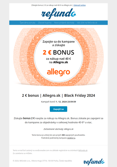 Získajte bonus 2 € za nákup nad 40 € na Allegro.sk