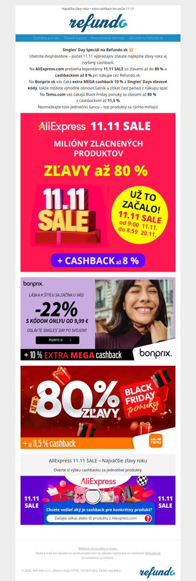 Singles’ Day na Refundo: Bonprix extra 10 % cashback + AliExpress 11.11 SALE až -80 %