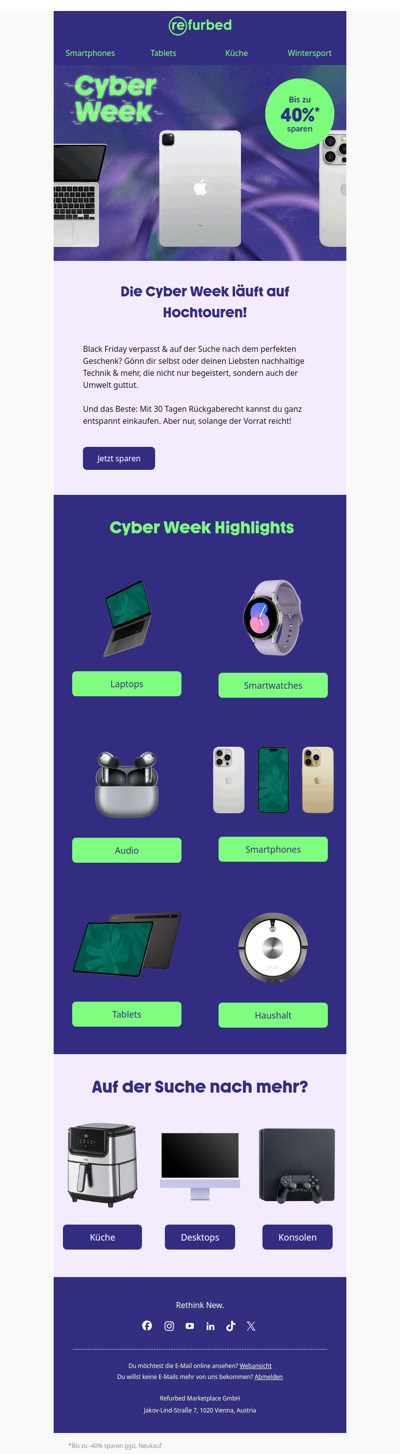 Nachhaltig shoppen: Cyber Week bei refurbed