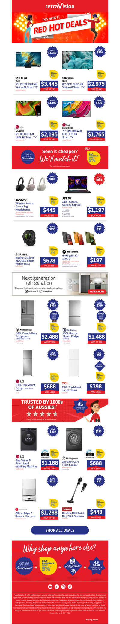 Save hundreds on Samsung 4K TVs, Sony Headphones, Westinghouse Fridges & heaps more!