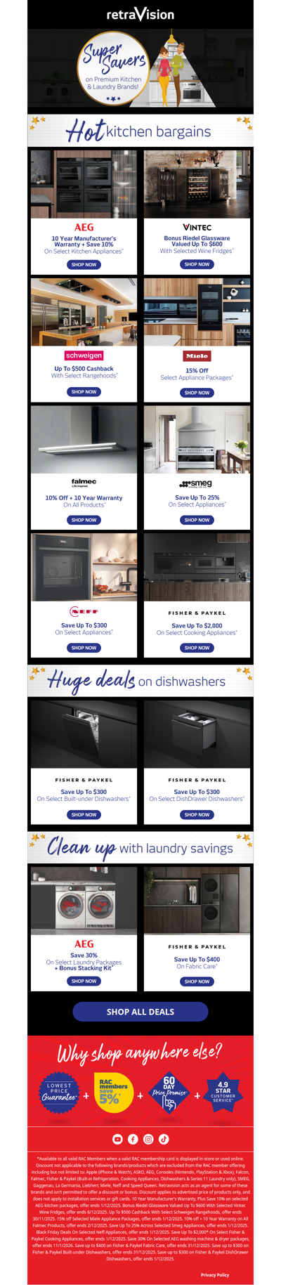 Huge savings on AEG, Fisher & Paykel, Miele, NEFF, Smeg and more!