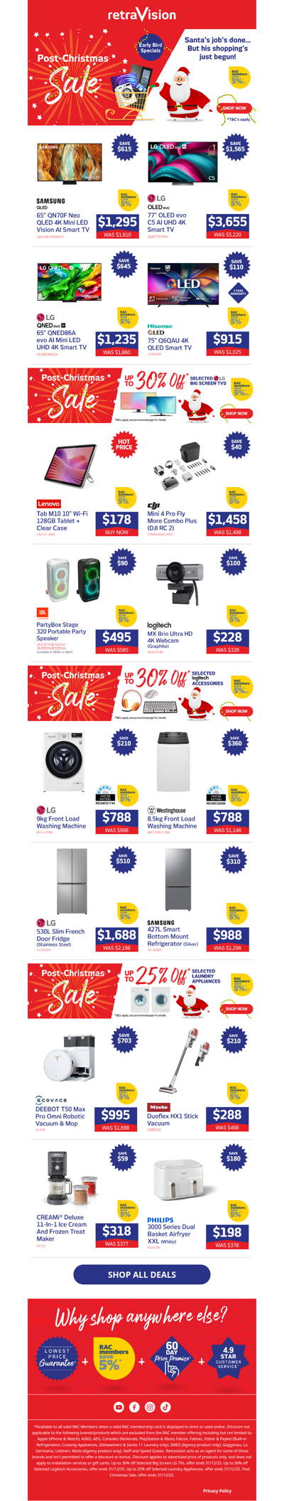 Shop Post Christmas Early Bird specials from Samsung, LG, Ecovacs, Miele & heaps more!