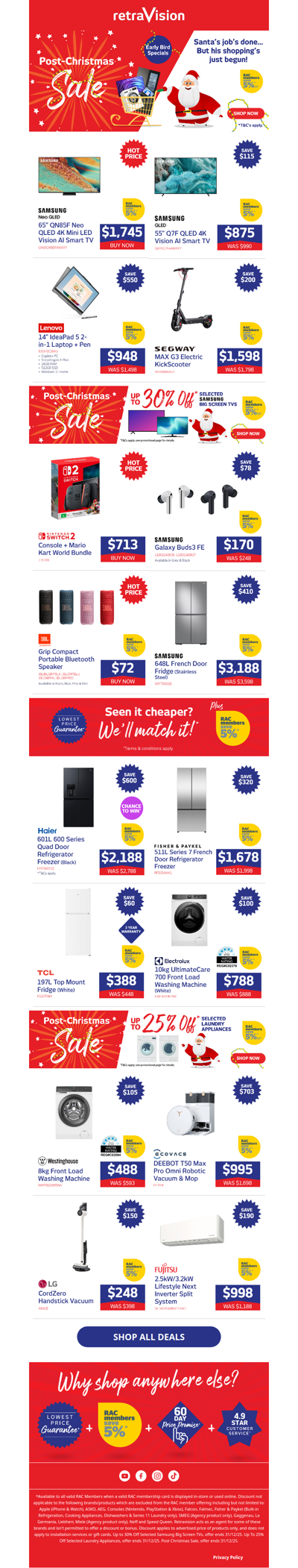 ON NOW: Post Christmas deals on Samsung 4K TVs, Segway Electric Scooters, Samsung Fridges, Fujitsu ACs & heaps more!