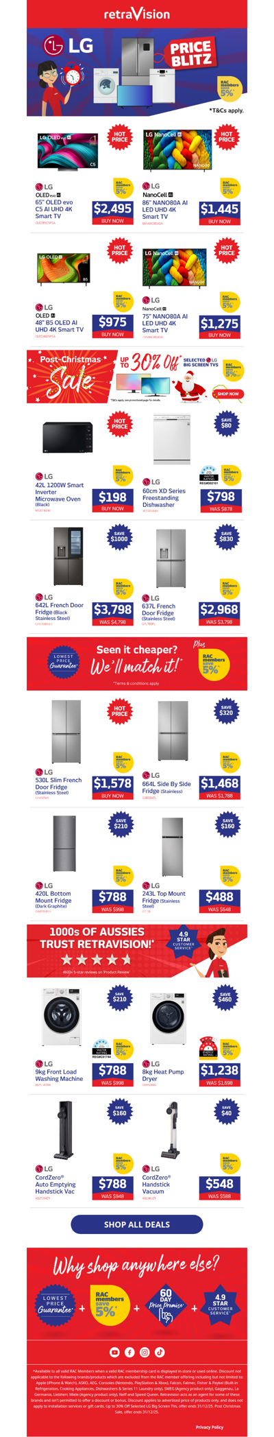 Shop Post Christmas deals on LG TVs, Fridges, Washing Machines, Vacuums & heaps more!