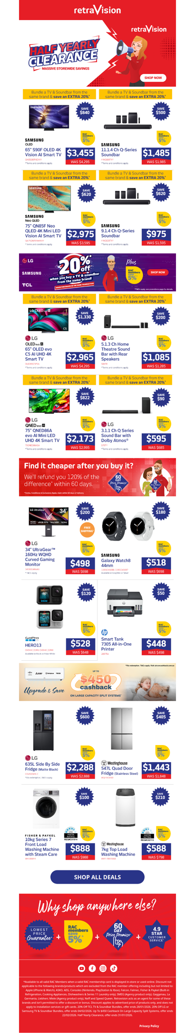 Half Yearly Clearance: Save on TVs, soundbars, fridges, washers and more!