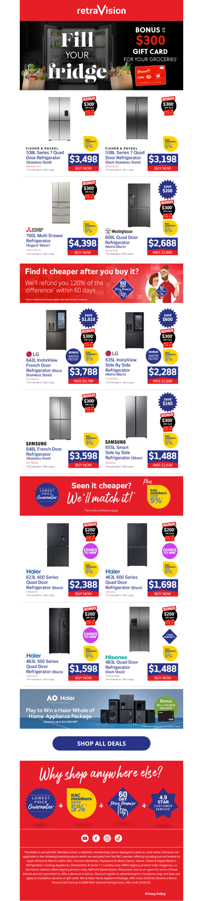 🛒 Fill Your Fridge: Grab up to $300 in grocery gift cards at Retravision!