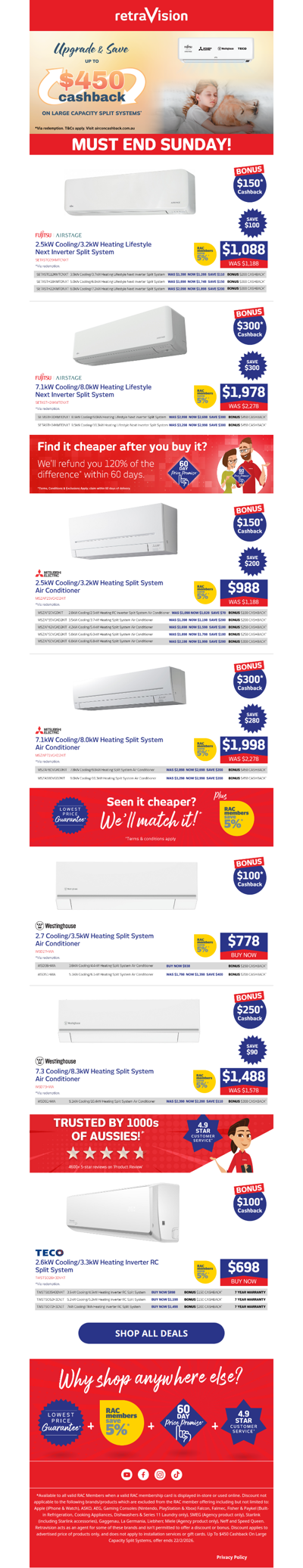 ⏰ Last Chance: Get up to $450 cashback on large capacity split systems!