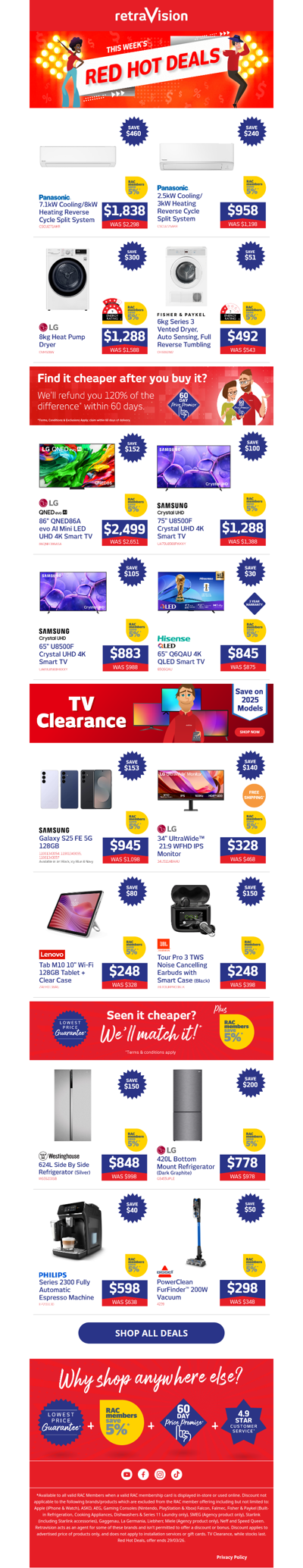 Shop huge savings on selected LG heat pump dryers, Samsung 4K TVs, Westinghouse fridges & more!