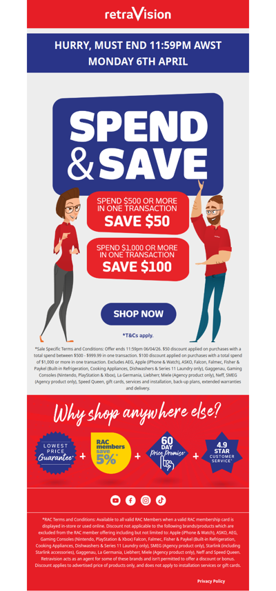 ENDS TONIGHT: Spend & Save up to $100* on TVs, appliances & more!