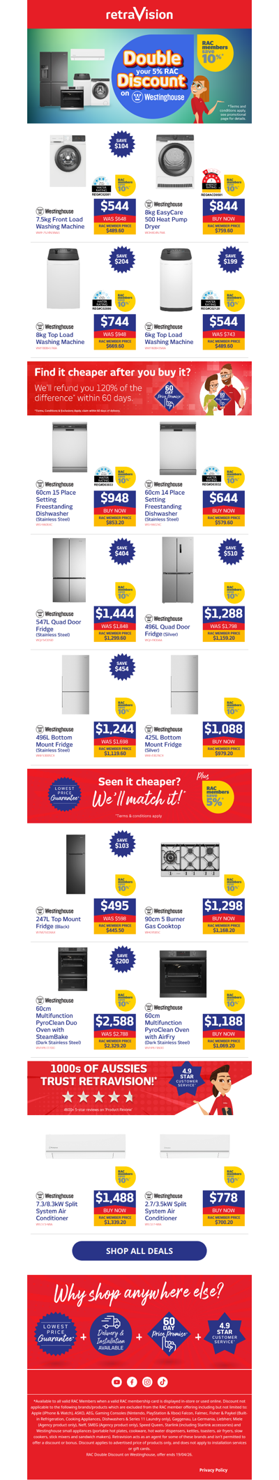 ON NOW: RAC Members save 10% on Westinghouse laundry, dishwashers, fridges, cooking and more!