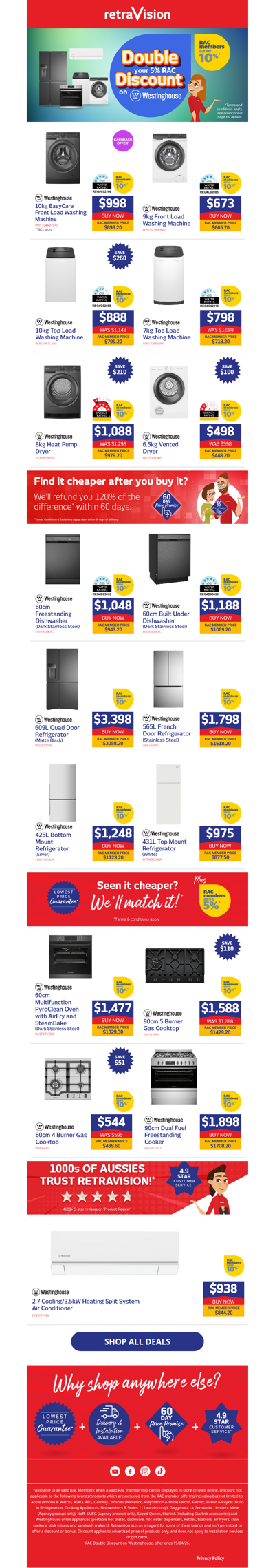 RAC MEMBERS: Save 10% on Westinghouse Heat Pump Dryers, French Door Fridges, Gas Cooktops & heaps more!
