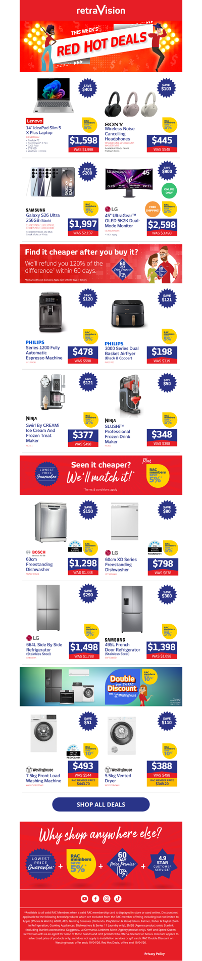 Shop huge savings on selected Lenovo laptops, LG monitors, Bosch dishwashers Samsung fridges & heaps more!