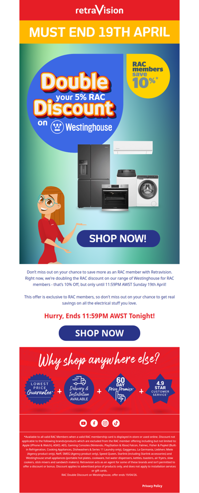 Must End Tonight! Save 10% on Westinghouse for RAC members.