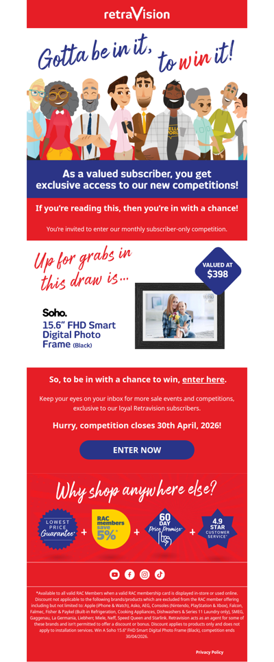 This month's subscriber prize: Soho 15.6” FHD Smart Digital Photo Frame valued at $398!