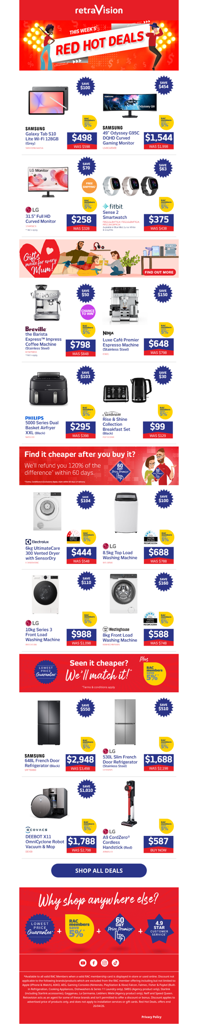 Shop savings on Fitbit smartwatches, Breville coffee machines, Samsung french door fridges & heaps more!