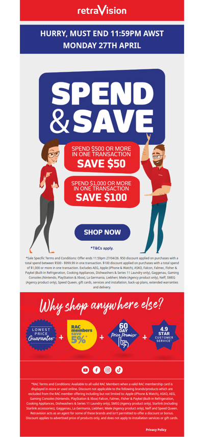 ENDS TOMORROW: Spend & Save up to $100* on TVs, appliances & more!