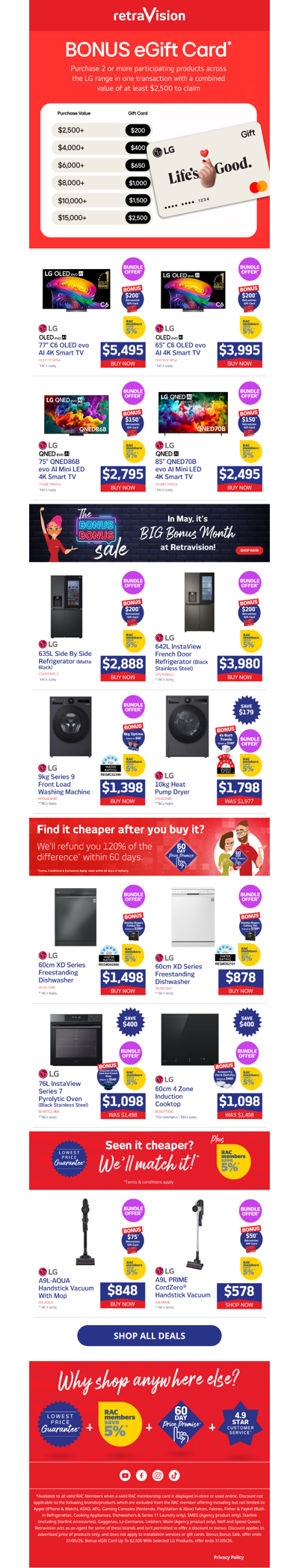 Score a bonus eGift Card valued up to $2,500 with selected LG products!