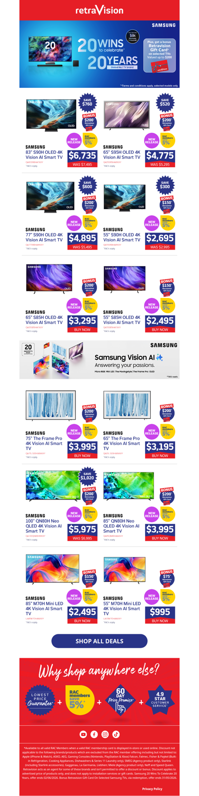 Celebrate with a Bonus Retravision GiftCard on Selected Samsung 2026 TV’s 🎁