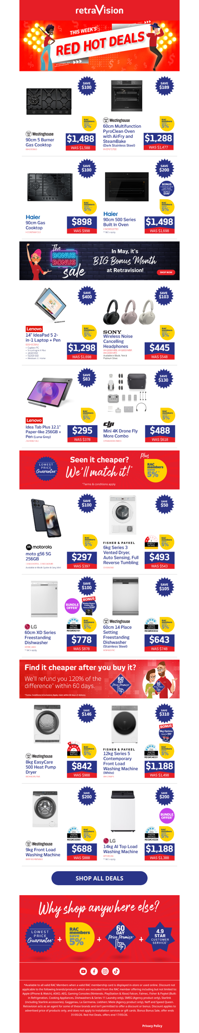 Save hundreds on Westinghouse Ovens, Lenovo Laptops, LG Dishwashers & heaps more!