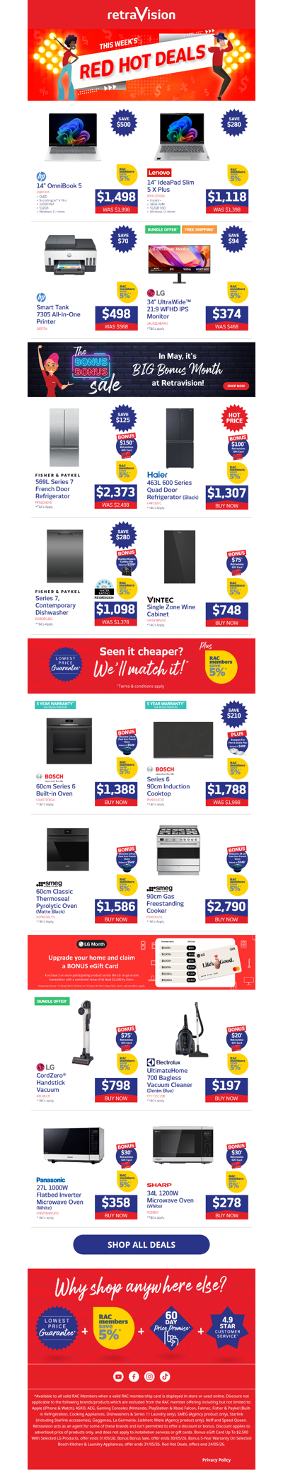 Shop savings and bonuses on LG, Fisher & Paykel, Bosch and more!