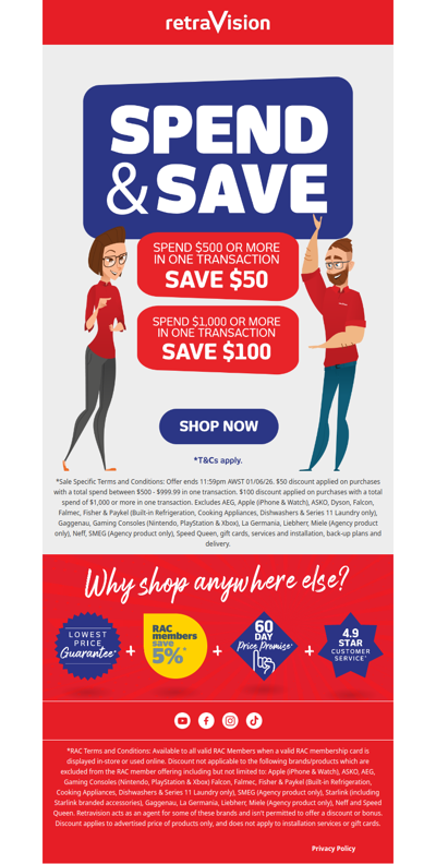 ON NOW: Spend & Save up to $100* at Retravision!