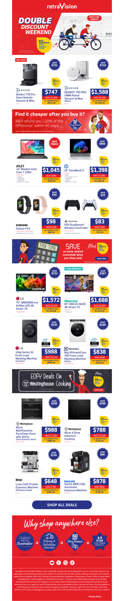 RAC Members, save an extra 10% on Ecovacs Robot Vacuums, LG TVs, Westinghouse Ovens & heaps more!