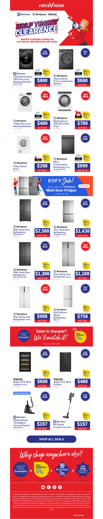 Half Yearly Clearance on Electrolux, Westinghouse and Vintec!