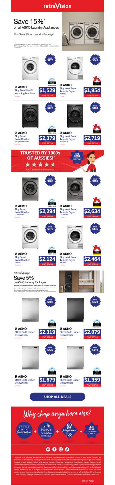 Enjoy 15% Off ASKO Laundry at Retravision!