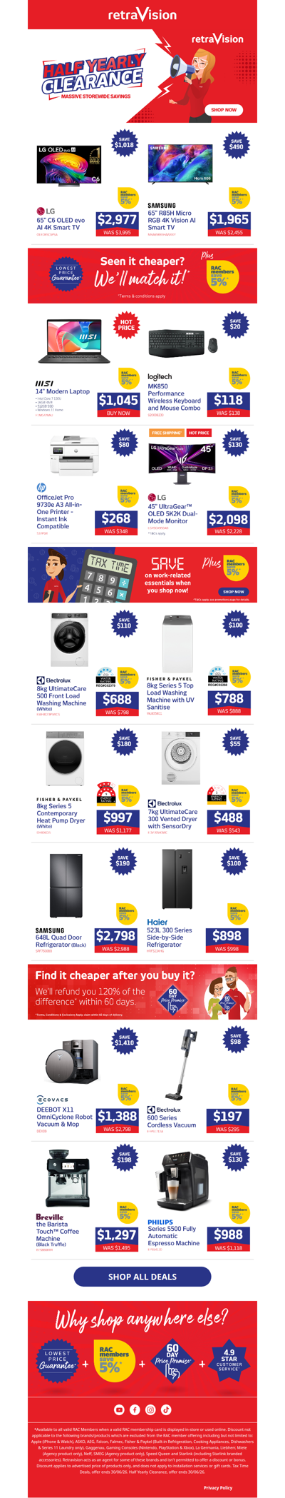 Half Yearly Clearance ends soon! Save on LG TVs, Electrolux washers, Samsung fridges & heaps more!